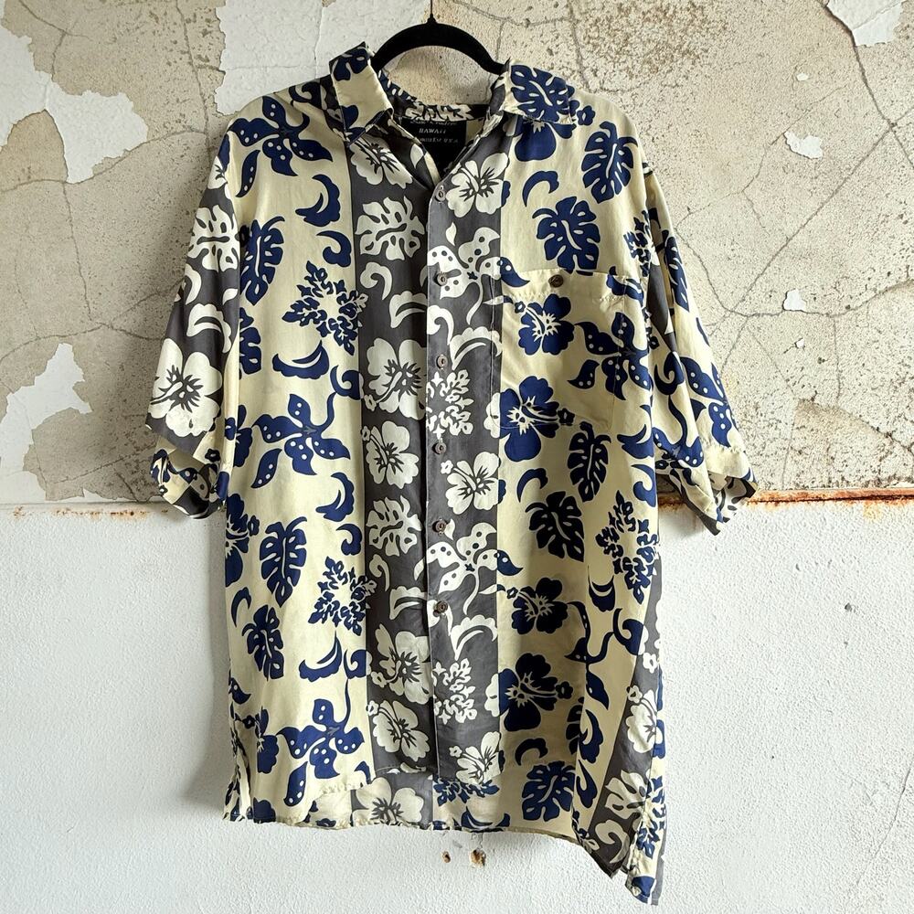 Tropical Silk Hawaiian Shirt Vintage‎ Floral Cream Navy Resortwear Size Large